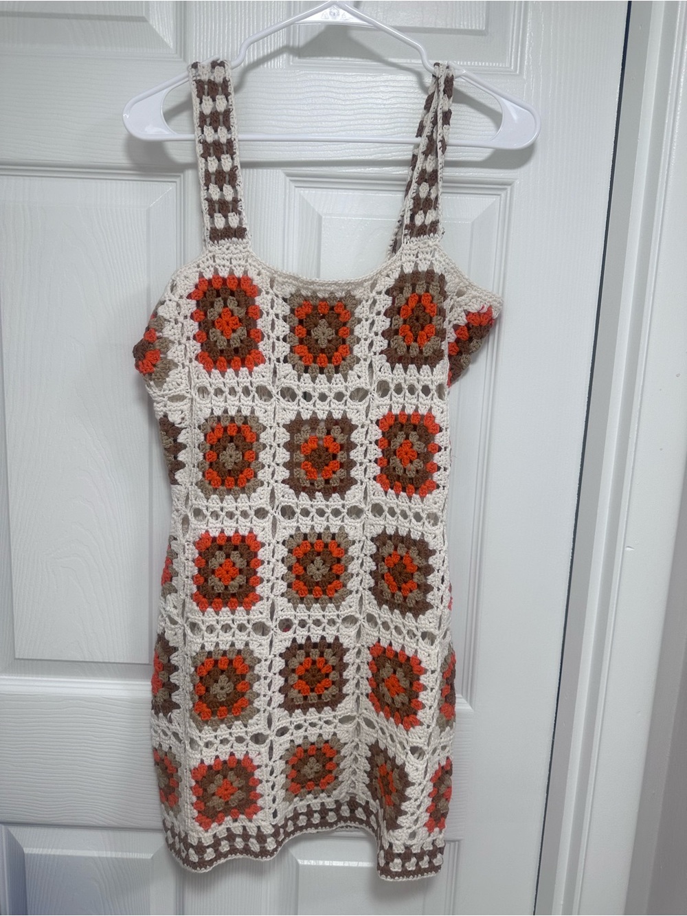 Elan Crochet Square-Motif Kids Dress in Cream, Orange, Brown